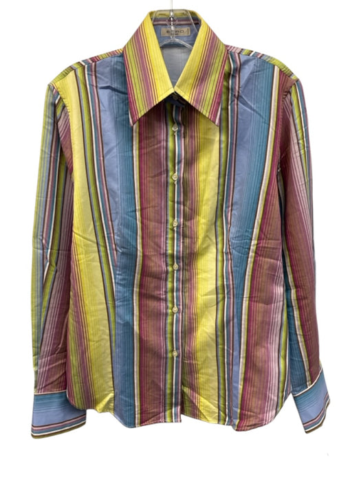Etro Size 48 Blue, Red, Yellow Silk Blend Long Sleeve Variegated Stripes Top Blue, Red, Yellow / 48