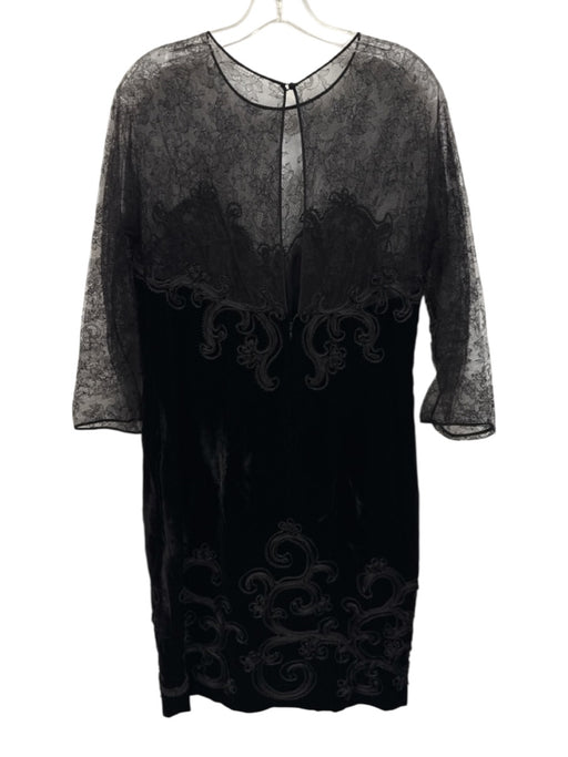 Oscar de la Renta Size 14 Black Long Lace Sleeve Floral Embroidered Velvet Dress Black / 14