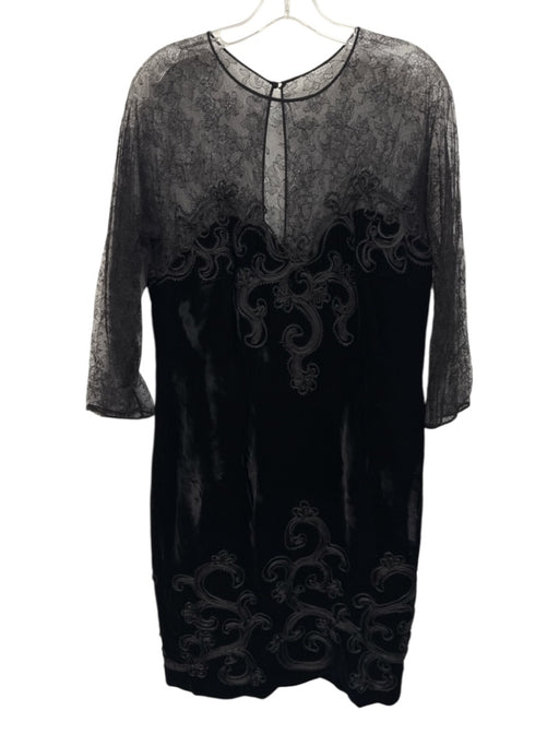 Oscar de la Renta Size 14 Black Long Lace Sleeve Floral Embroidered Velvet Dress Black / 14