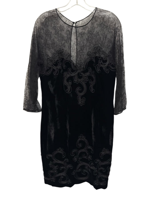 Oscar de la Renta Size 14 Black Long Lace Sleeve Floral Embroidered Velvet Dress Black / 14