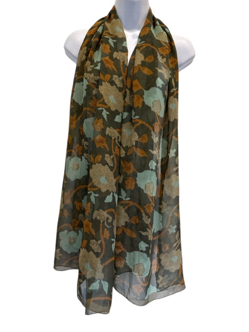Giorgio Armani Teal, Brown, Orange Silk Rectangle Floral Rolled Hem scarf Teal, Brown, Orange