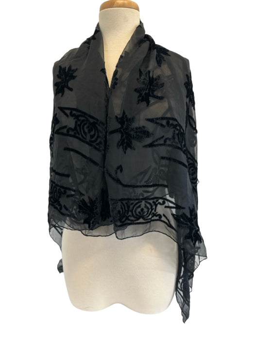 Salvatore Ferragamo Black Silk Blend Square Floral Velvet Rolled Hem scarf Black