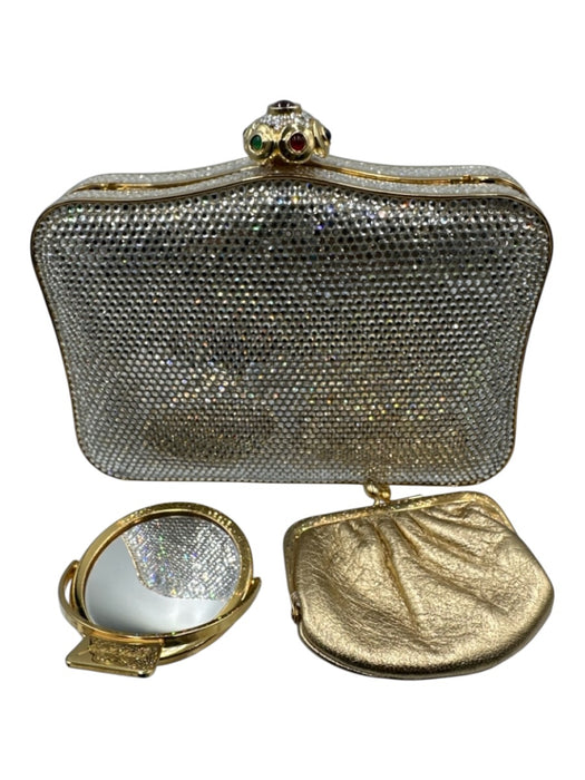 Judith Leiber Clear & Gold Crystals Push Clasp Crossbody Strap Mirror Incl Bag Clear & Gold / Mini