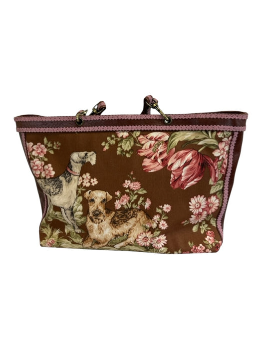 Isabella Fiore Brown, Pink, Green Leather & Canvas Top Handle Floral Tote Bag Brown, Pink, Green / Medium