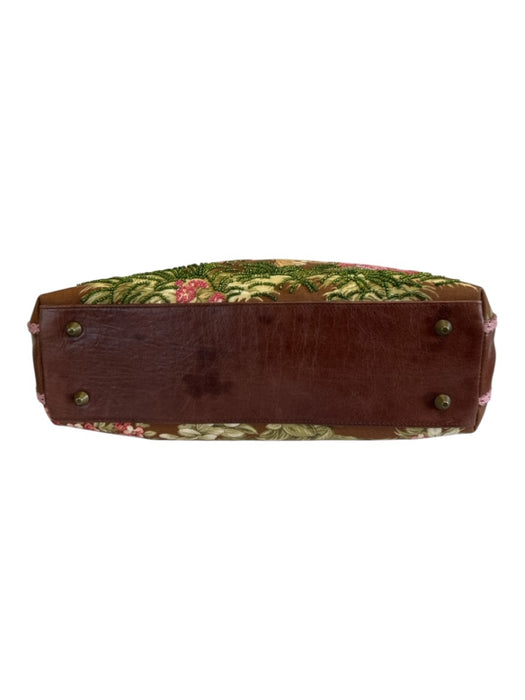 Isabella Fiore Brown, Pink, Green Leather & Canvas Top Handle Floral Tote Bag Brown, Pink, Green / Medium