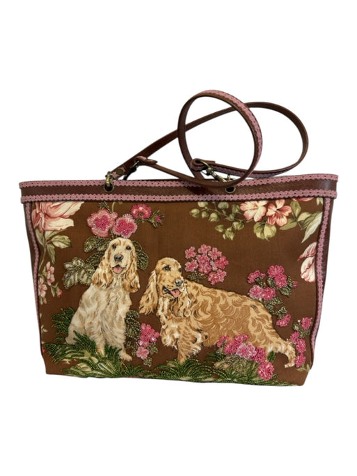 Isabella Fiore Brown, Pink, Green Leather & Canvas Top Handle Floral Tote Bag Brown, Pink, Green / Medium