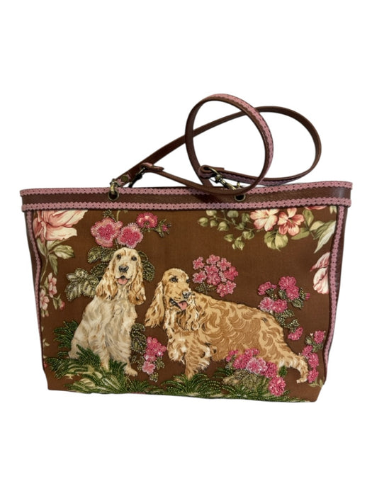 Isabella Fiore Brown, Pink, Green Leather & Canvas Top Handle Floral Tote Bag Brown, Pink, Green / Medium