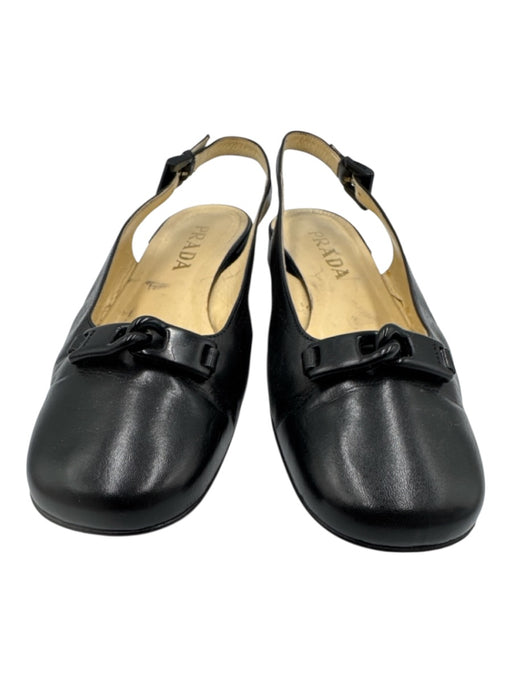 Prada Shoe Size 40.5 Black Leather Square Toe Logo Block Heel sling back Pumps Black / 40.5