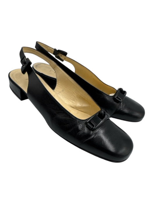 Prada Shoe Size 40.5 Black Leather Square Toe Logo Block Heel sling back Pumps Black / 40.5