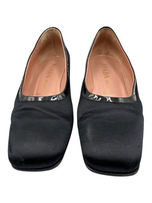 Prada Shoe Size 40 Black & Navy Satin Patent Leather Square Toe Block Heel Pumps Black & Navy / 40