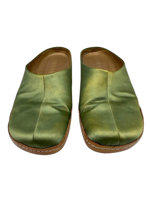 Prada Shoe Size 40.5 Green & Gold Leather Satin Square Toe Mule Flats Green & Gold / 40.5