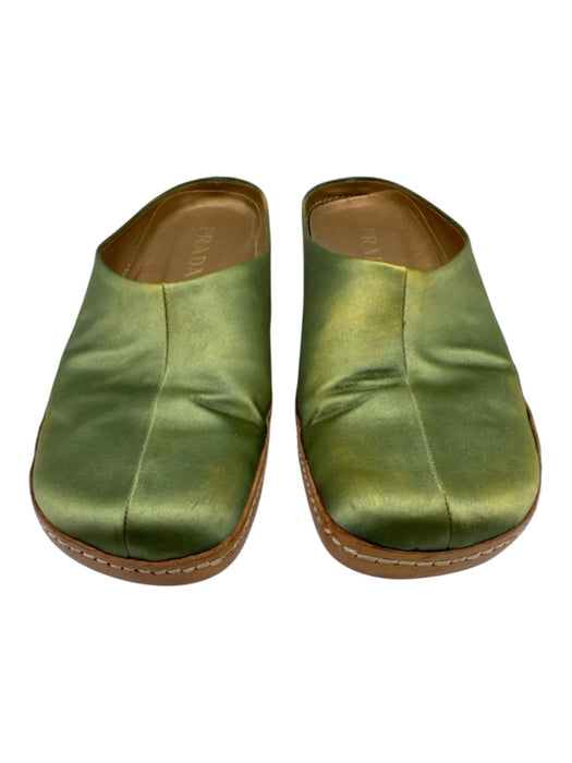 Prada Shoe Size 40.5 Green & Gold Leather Satin Square Toe Mule Flats Green & Gold / 40.5