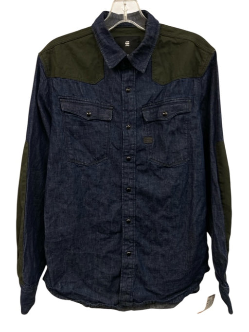 G Star Raw Size M Blue & Green Cotton Solid Button Up Men's Long Sleeve Shirt Blue & Green / M