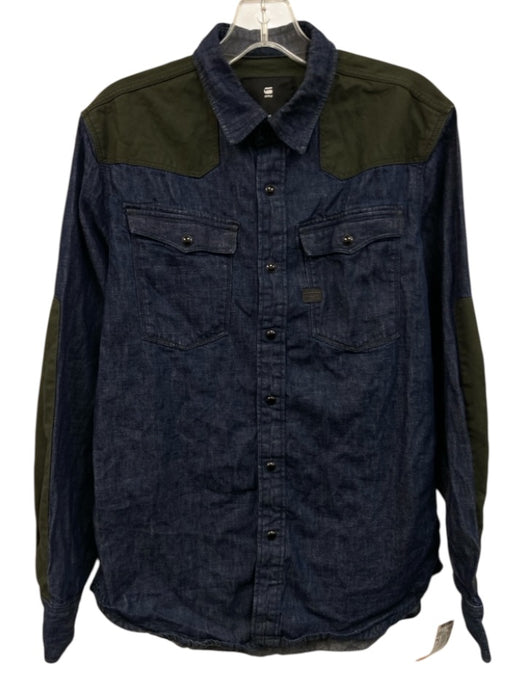 G Star Raw Size M Blue & Green Cotton Solid Button Up Men's Long Sleeve Shirt Blue & Green / M