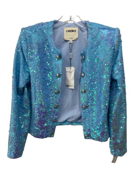 L'agence Size 4 Blue Fully Sequined Double Breast Silver Buttons Jacket Blue / 4
