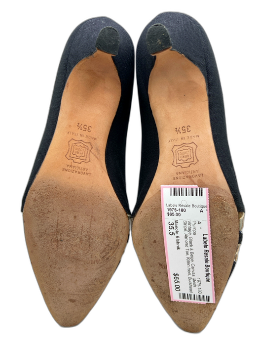 Manolo Blahnik Shoe Size 35.5 Black & Beige Canvas Mesh Stripe Almond Toe Pumps Black & Beige / 35.5