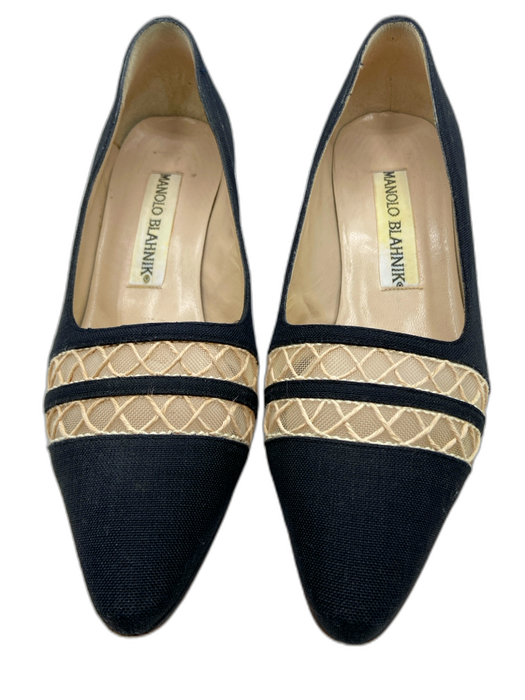 Manolo Blahnik Shoe Size 35.5 Black & Beige Canvas Mesh Stripe Almond Toe Pumps Black & Beige / 35.5