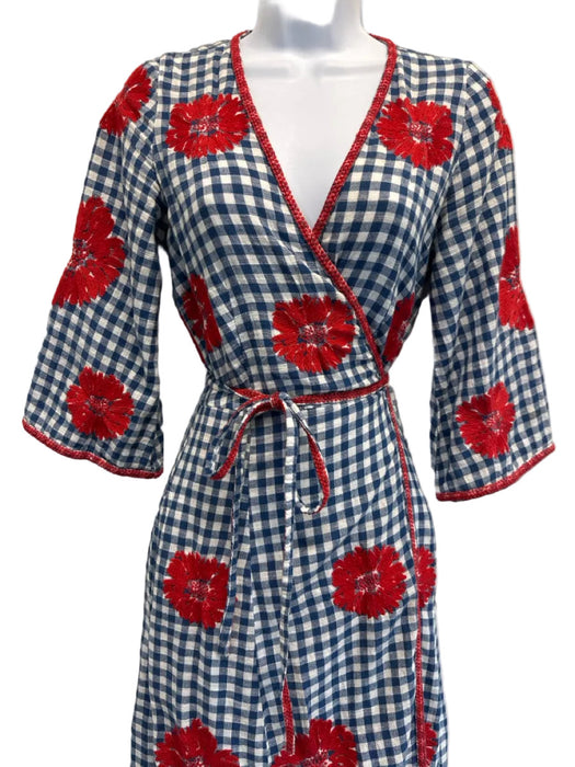Nimo Size XS Blue, White, Red Cotton Blend 1/2 Sleeve Gingham Midi Dress