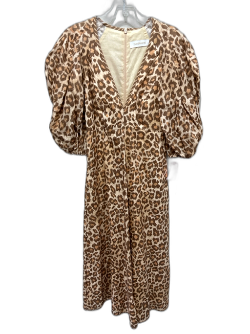 Zimmermann Size 0 Brown & Multi Linen Puff Sleeves V Neck Empire Waist Dress Brown & Multi / 0