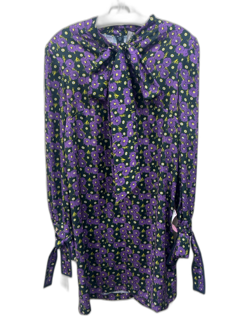 Lela Rose Size Est M Purple, Green & Yellow No Fabric Tag Satin Tie Neck Dress Purple, Green & Yellow / Est M