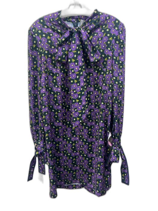 Lela Rose Size Est M Purple, Green & Yellow No Fabric Tag Satin Tie Neck Dress Purple, Green & Yellow / Est M