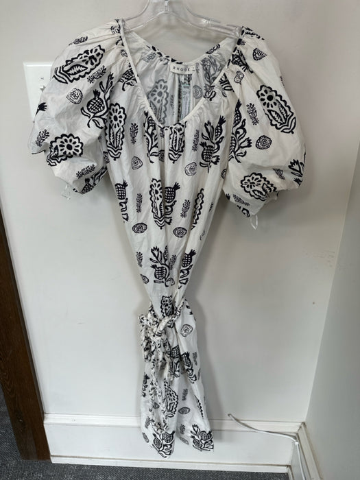 Rhode Size S White & Black Cotton Short Balloon Sleeve Botanical Maxi Dress