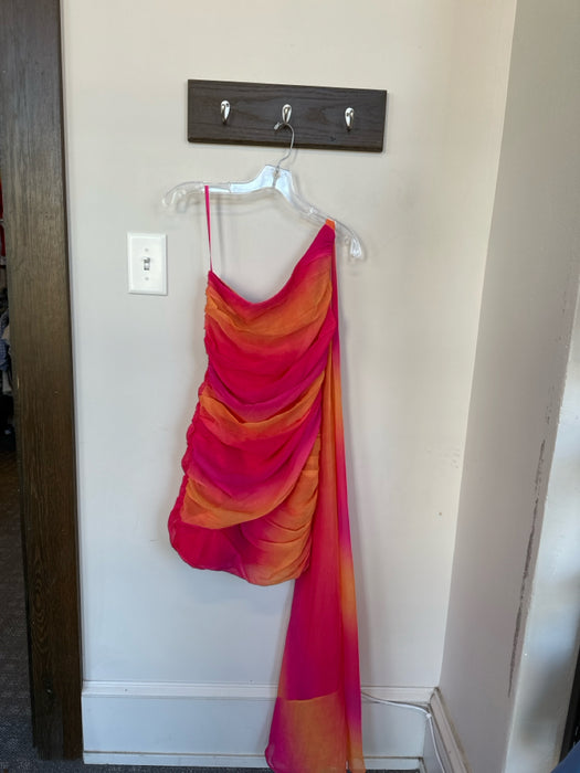 Yaura Size Est S Orange & Pink Polyester One Shoulder Ombre Gathered Sides Dress
