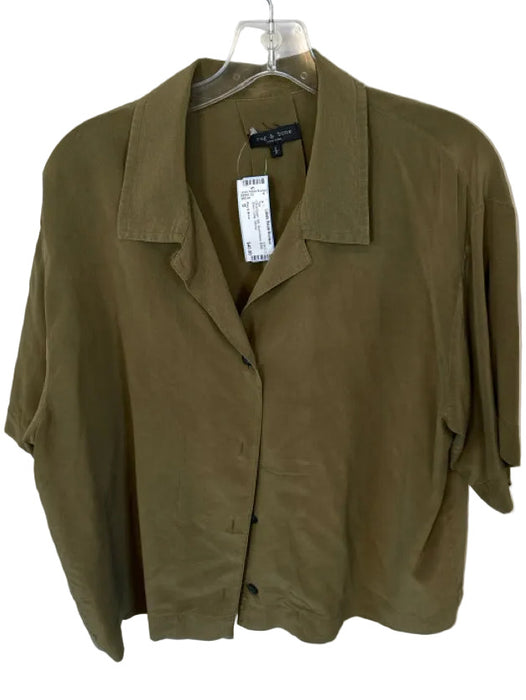 Rag & Bone Size S Olive Green Silk Short Sleeve Button Down Collar Top