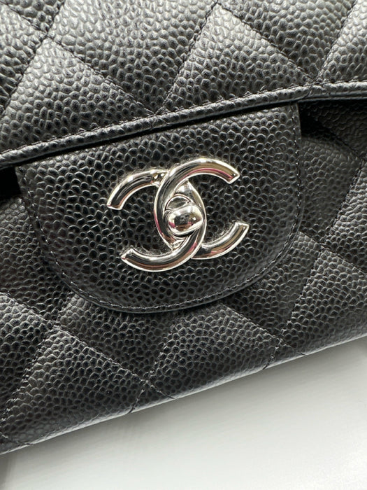 Chanel Black Caviar Leather Chain Strap Quilted Double Flap Silver hardware Bag