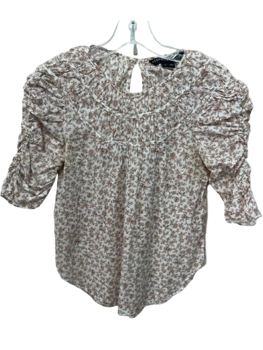 Veronica Beard Size XS White Linen Blend Brown Print Short Sleeve Top