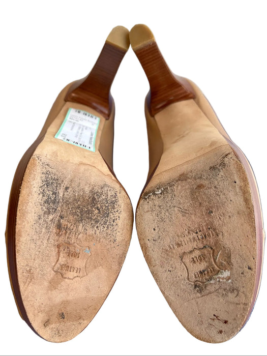 Stuart Weitzman Shoe Size 9 Tan Leather Peep Toe Cross Over Slip On Shoes