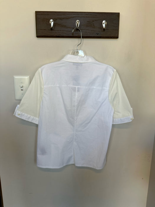 Rag & Bone Size L White Cotton & Modal Short Balloon Sleeve Ribbed Buttons Top