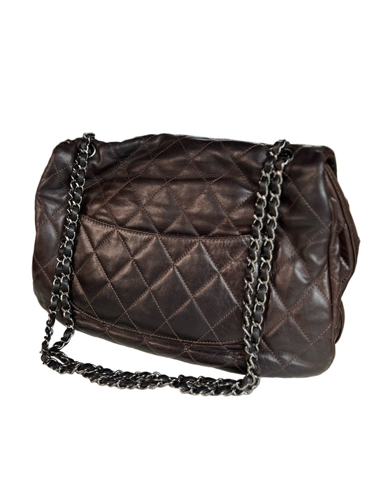 Chanel Brown Lambskin Quilted Acordian Shoulder Chain Logo Closure Bag
