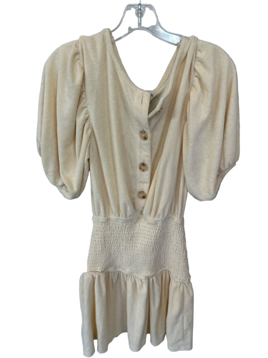 SABO Size XS Cream Terry Cloth Short Balloon Sleeve smocked Buttons Dress
