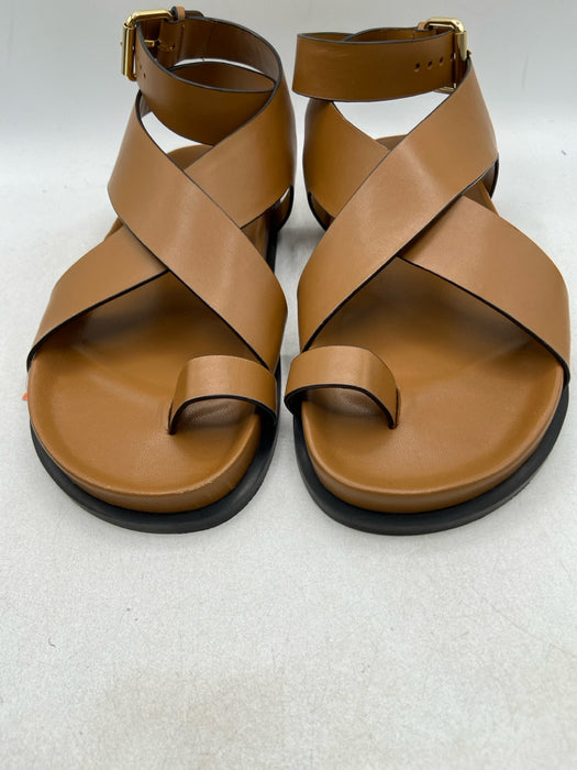 A.Emery Shoe Size 38 Tan Leather Criss Cross Gold Buckle Ankle Strap Sandals