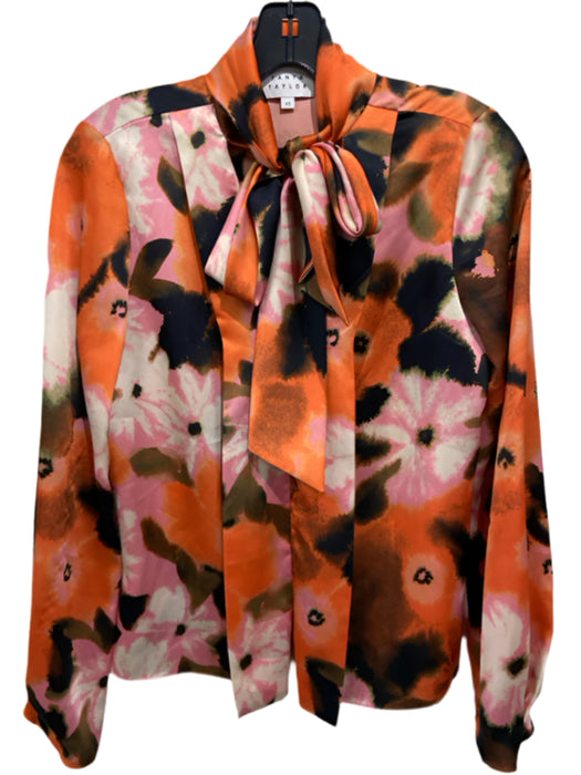 Tanya Taylor Size XS Orange, Pink & Black Polyester V Tie Neck Long Sleeve Top
