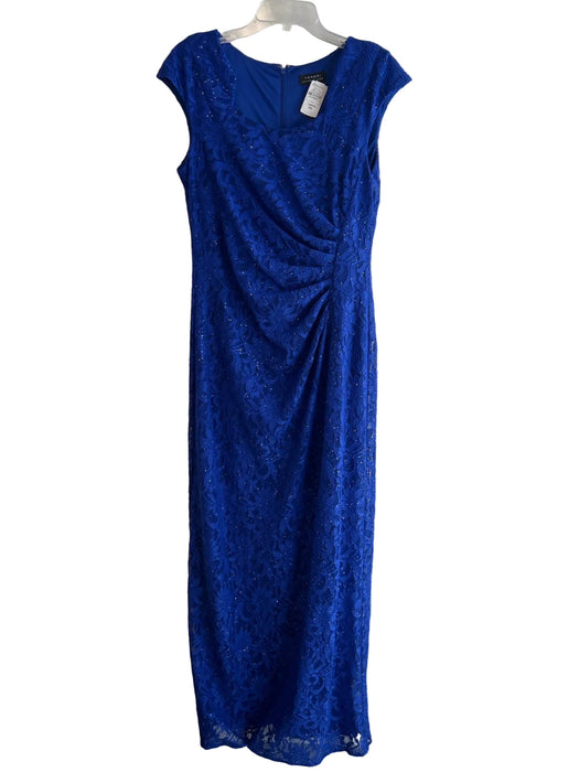 Tahari Size 12 Royal Blue Polyester Lined Back Zip Cap Sleeve slit Gown