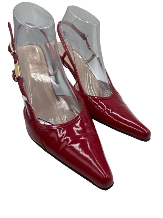 Gucci Shoe Size 40C Red Patent Leather Pointed Toe Gold Hardware Slingback Pumps