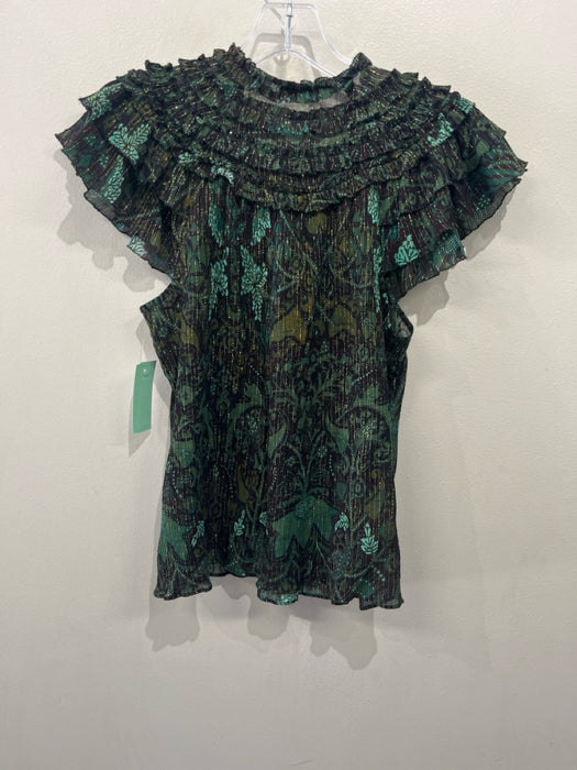 Ulla Johnson Size 2 Green, Aqua & Gold Cotton Blend Ruffle Short Sleeve Ties Top