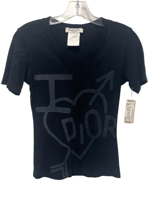 Christian Dior Size 4 Black Cotton Short Sleeve V Neck Graphic T Shirt Top