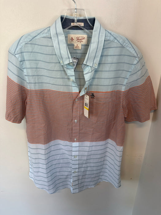 Penguin NWT Size M Blue & Orange Cotton Striped Button Down Men's Shirt