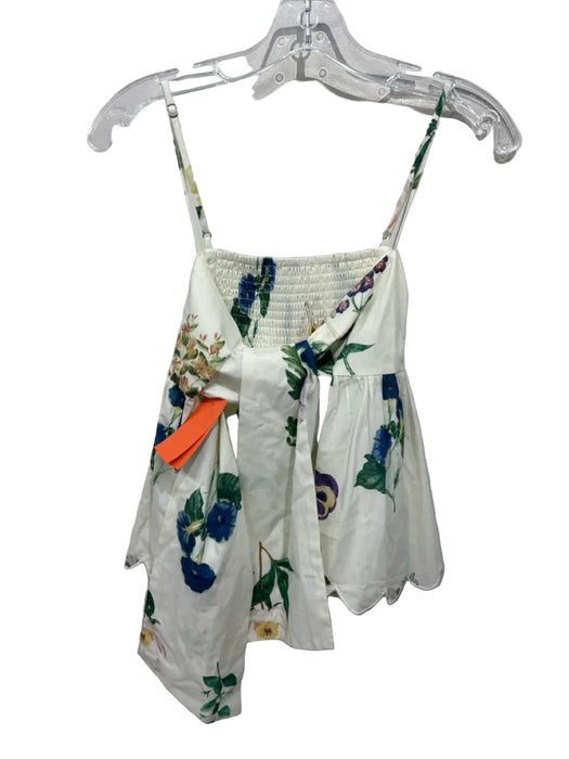 En Saison Size L Cream & Multi Cotton Spaghetti Strap Floral Scalloped Hem Top