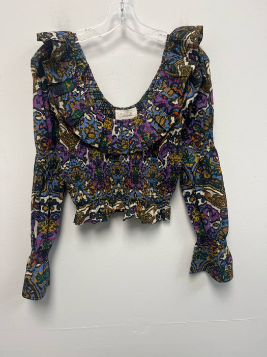 Cleobella Size S Purple, Black, Yellow Cotton Smocked Ruffle Detail Abstract Top