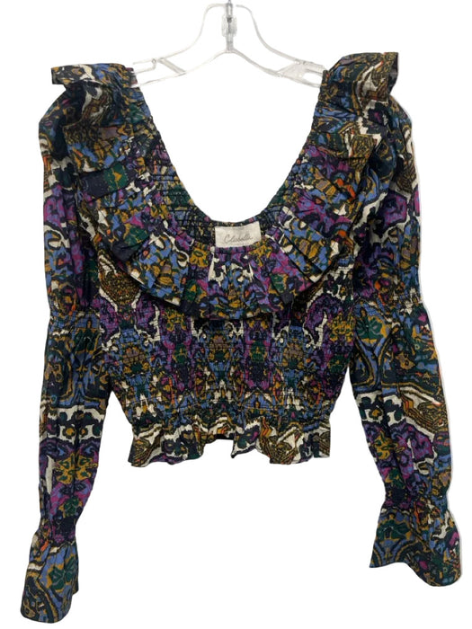 Cleobella Size S Purple, Black, Yellow Cotton Smocked Ruffle Detail Abstract Top