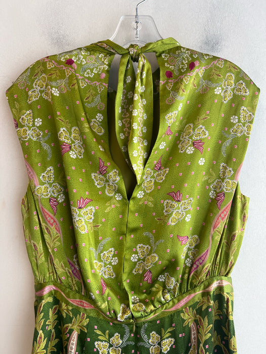 Saloni Size 10 Green & Multi Silk/Satin Sleeveless High Neck Floral Dress