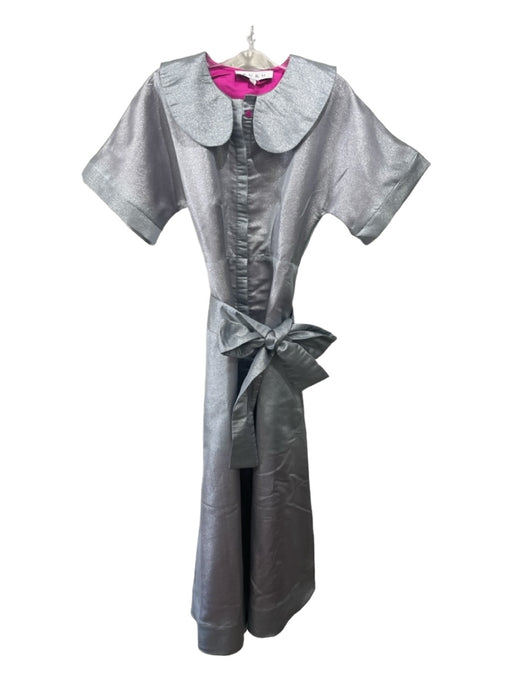 Buru Size XS Silver Polyester Shimmer Collared Button Up Short Sleeve Maxi Dress Silver / XS