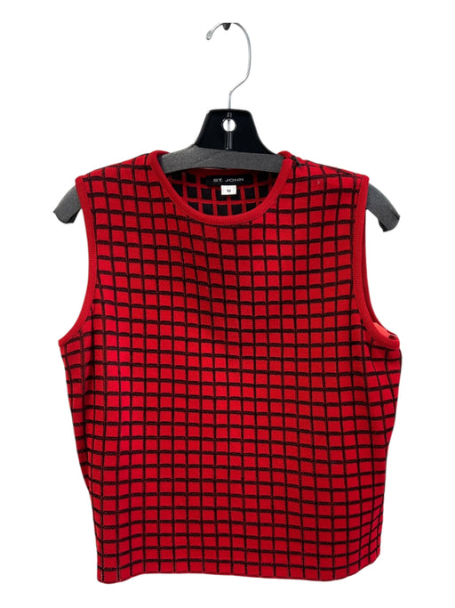 St John Size Medium Red & Black No Fabric Tag Sleeveless Round Neck Checked Top Red & Black / Medium