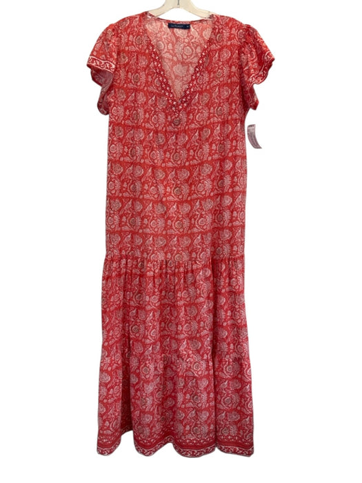 La Plage Size M Red & White Flutter Cap sleeve Floral Embroidered Detail Dress Red & White / M