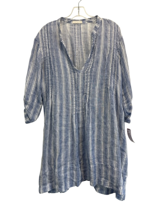 CP Shades Size S Blue & White Linen 3/4 Sleeve Striped V Neck Mini Dress Blue & White / S