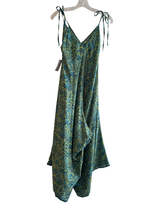 Baizaar Size Est M/L Green & Blue Silk V Neck tie strap Wide Leg Jumpsuit Green & Blue / Est M/L
